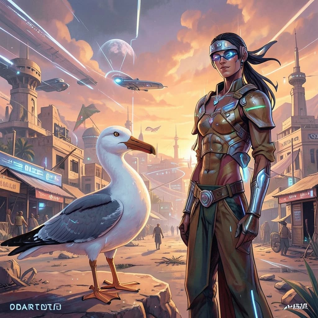 Seagull and Odonate in Khartoum, Sudan in the style of futurism