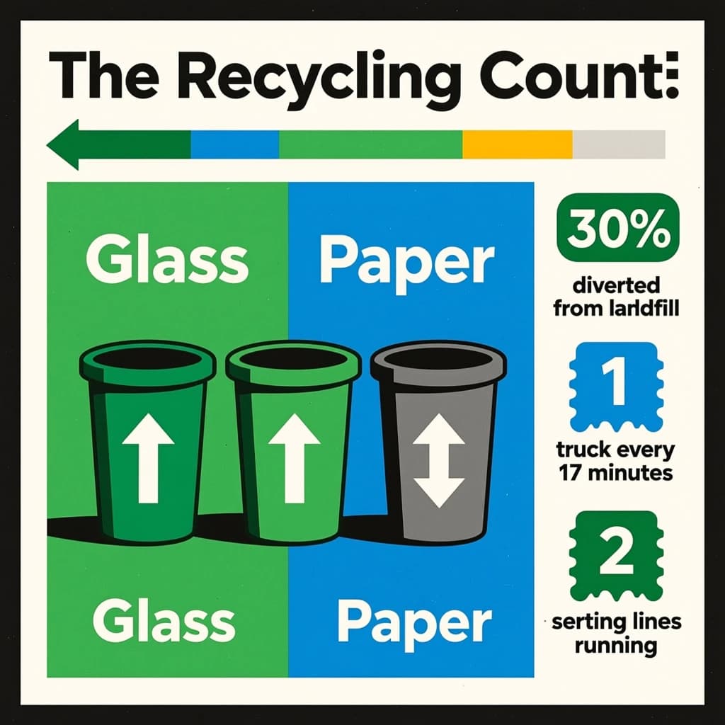 Printed poster titled "The Recycling Count". Three sorting bins with arrows to their destinations sits at the center, carrying two keyed regions, "Glass" shaded green and "Paper" shaded blue. Three stat chips run down a right column, reading "30% diverted from landfill", "1 truck every 17 minutes" and "2 sorting lines running". Each key color matches the shading of the region it names.