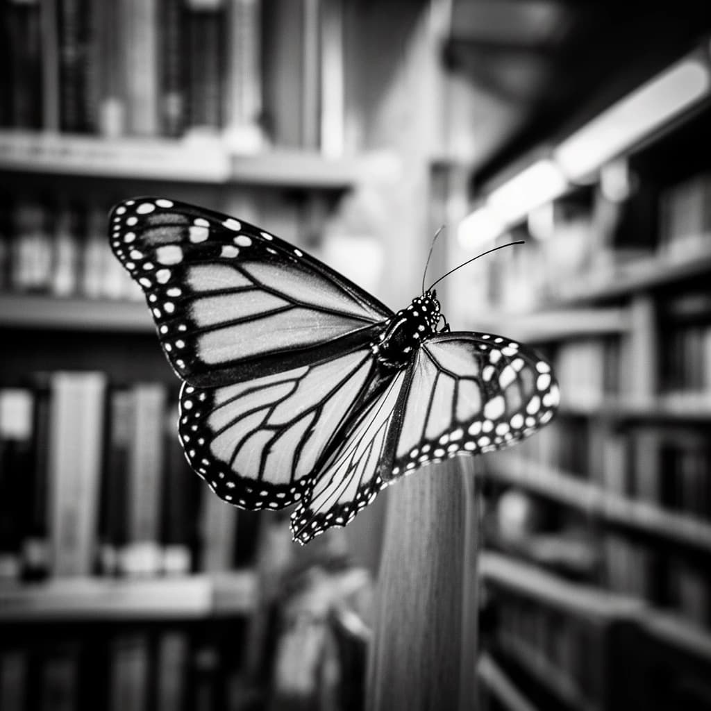 24mm f/2.8 full-length framing of a monarch butterfly in a quiet library, side-lit, natural lens compression, high-contrast black-and-white look