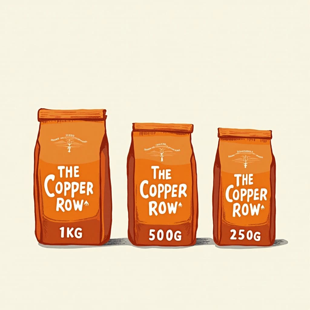 Linocut print: one coffee bag in three sizes. The sizes are captioned "1kg", "500g" and "250g" in that order. The wordmark "The Copper Row" appears on every size with a single droplet symbol beside it. The orange-and-brown coloring is the same across every size, and only the bag size changes.