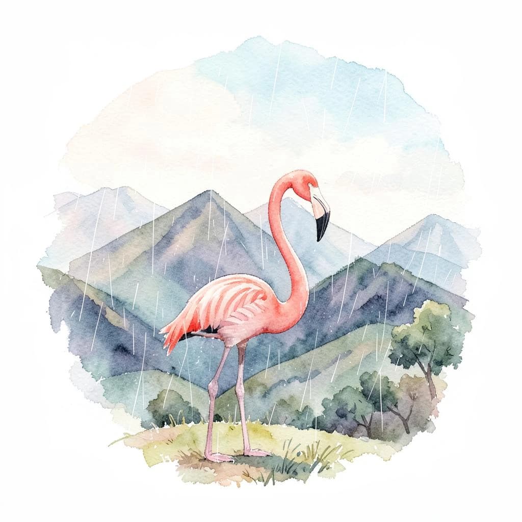 flamingo, mountain ridge, light rain, off-center framing with negative space, watercolor, soft edges