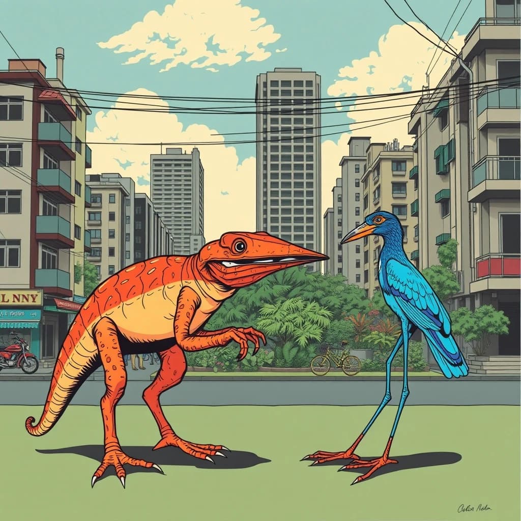 Crossopterygian and Blue Runner in Hanoi, Vietnam in the style of pop art