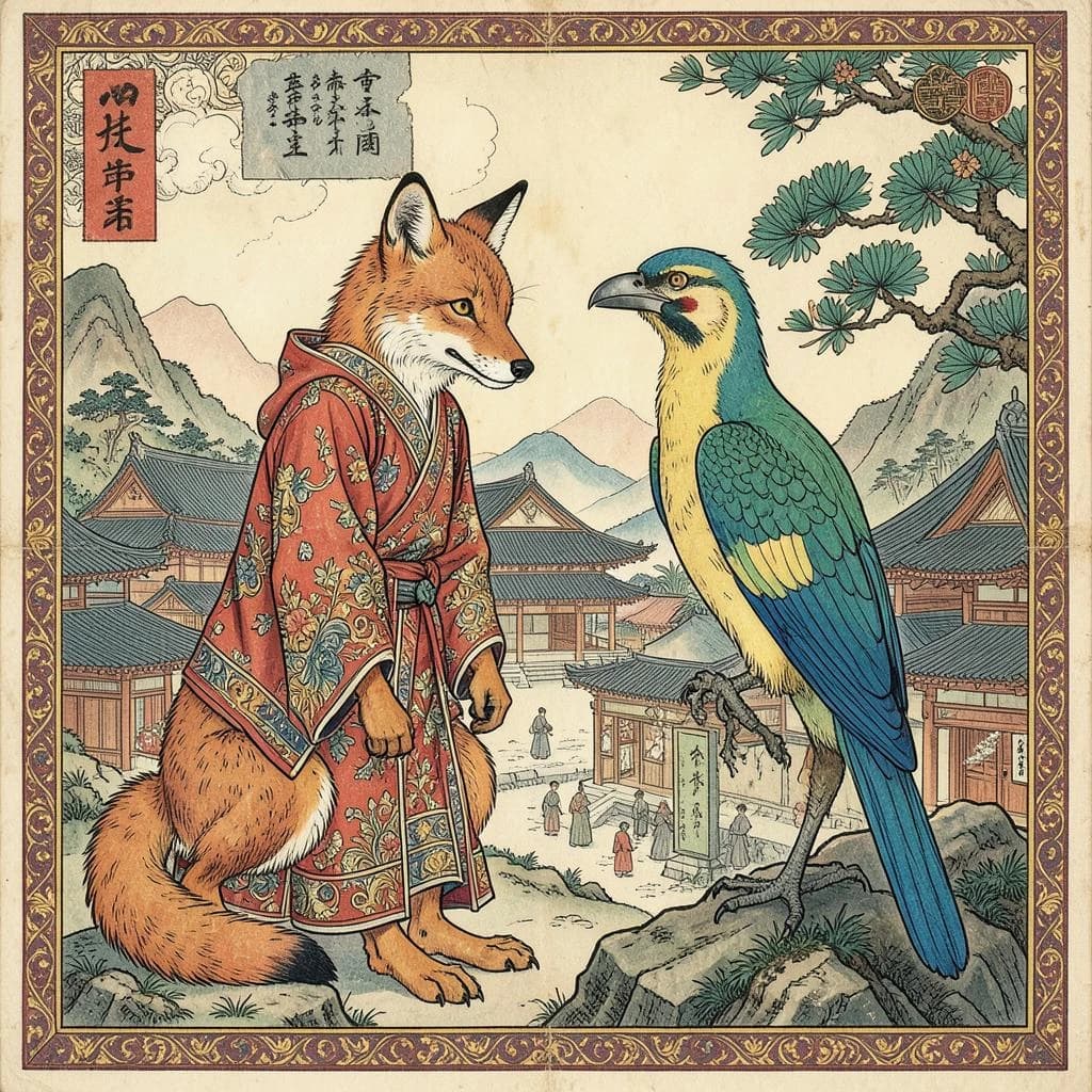 Fox and Turaco in Pyongyang, North Korea in the style of byzantine