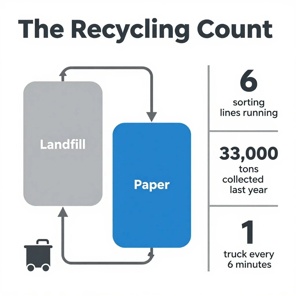 Flat infographic titled "The Recycling Count": at the center a flow chart from curb to sorting floor, carrying two keyed regions, "Landfill" shaded gray and "Paper" shaded blue, beside a right column of three stat chips reading "6 sorting lines running", "33,000 tons collected last year" and "1 truck every 6 minutes".