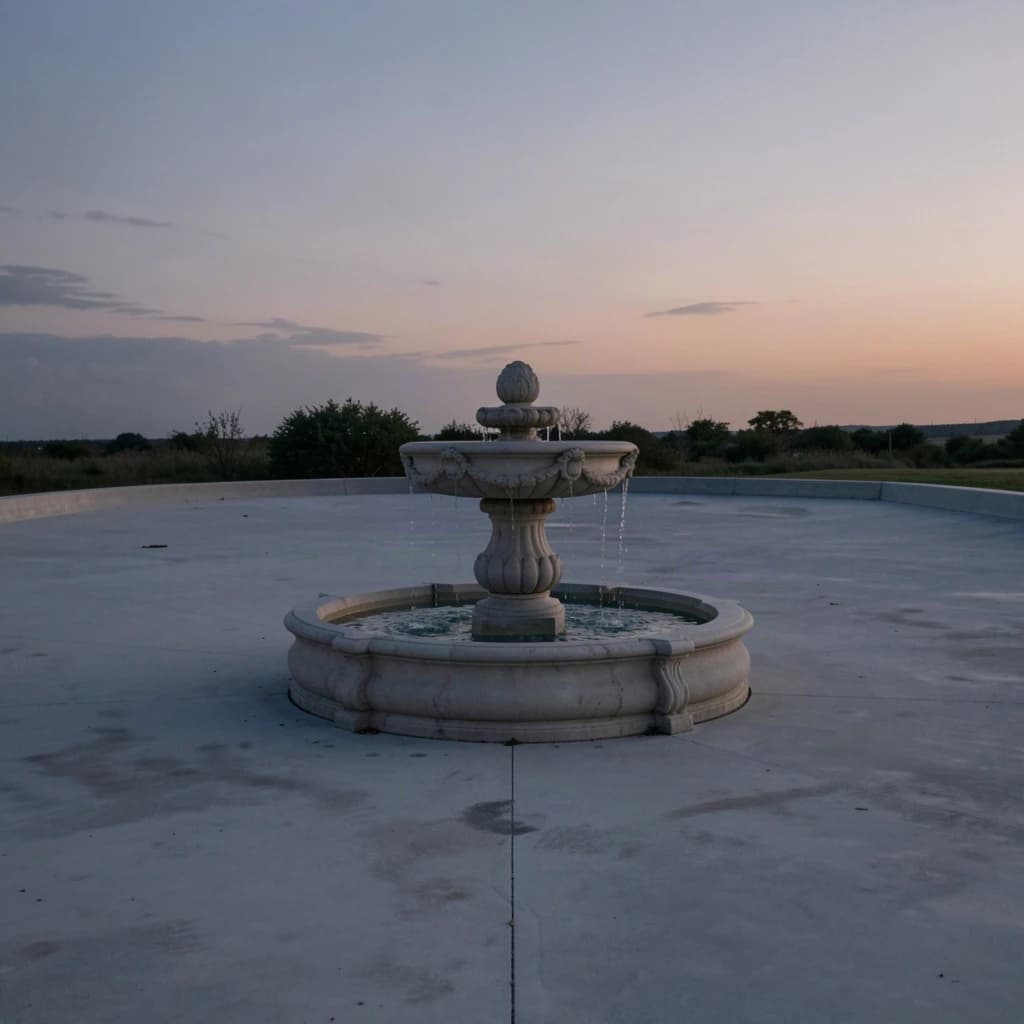 one marble fountain against plain concrete, dusk