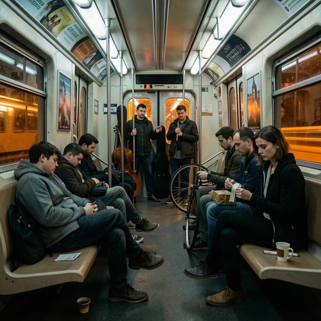 Cinematic photograph inside a late night subway car, handheld, lit only by flickering ceiling strips and orange platform light sliding past the windows. Nine passengers down the car: the three on the left bench all sleep with heads tipped at different angles, the four on the right bench are awake, one folding a paper bag, one holding a bike wheel upright between his knees, one wrapping her own wrist in tape, one staring straight into the lens. Two more stand at the far doors gripping the same pole with a violin case wedged between them. An empty seat beside the nearest sleeper, a coffee cup rolling under it.