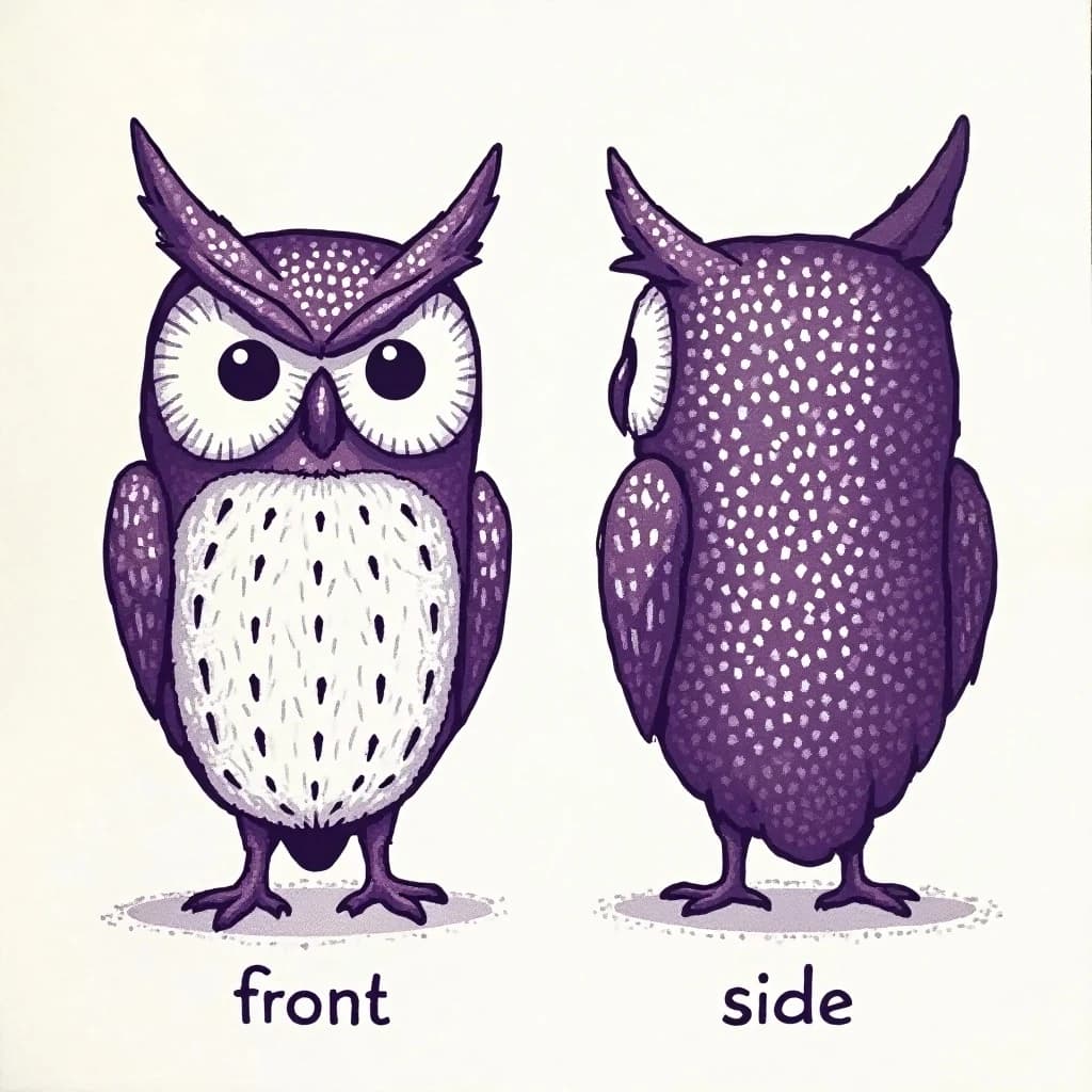 Linocut print: one bookstore owl mascot in two views. The views are captioned "front" and "side" in that order. The wordmark "Quill Kiln" appears on every view with a paw mark beside it. The purple-and-white coloring is the same across every view, and only the angle changes.