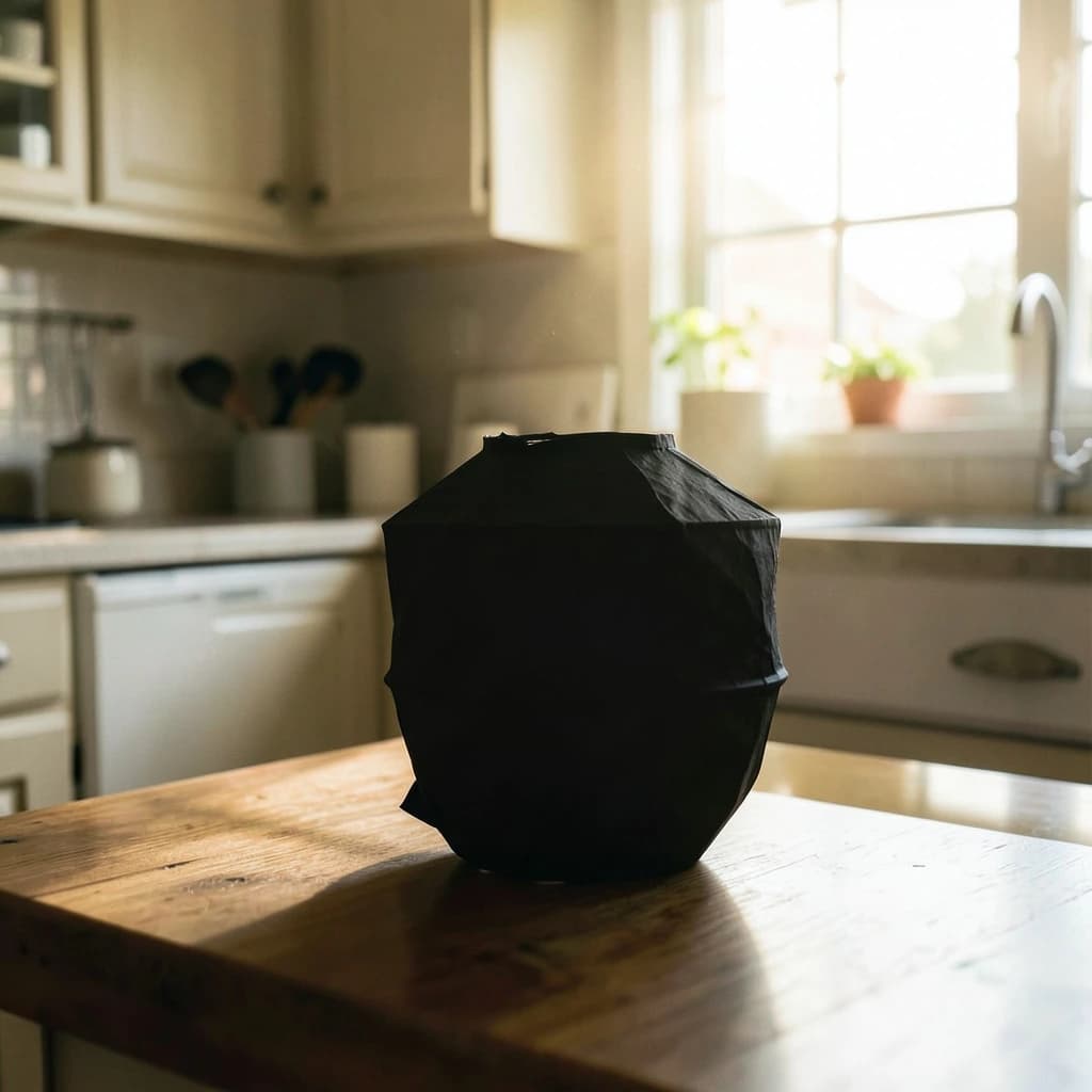The still point when a paper lantern reads as a single dark silhouette, in a sunlit kitchen, under soft morning light.