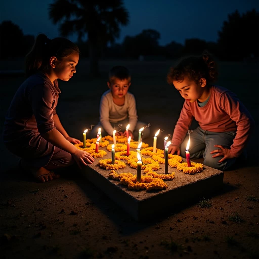 Photojournalism frame from a cemetery vigil at night: one grave slab carrying seven marigold garlands and nine lit candles, three of the candles guttered out and smoking, a grandmother and two children kneeling along the near edge.