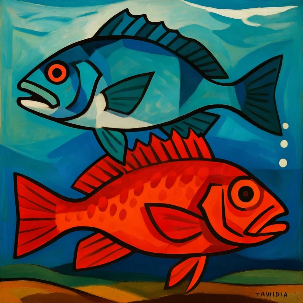 Carangid Fish and Red Porgy in Dodoma, Tanzania in the style of cubist
