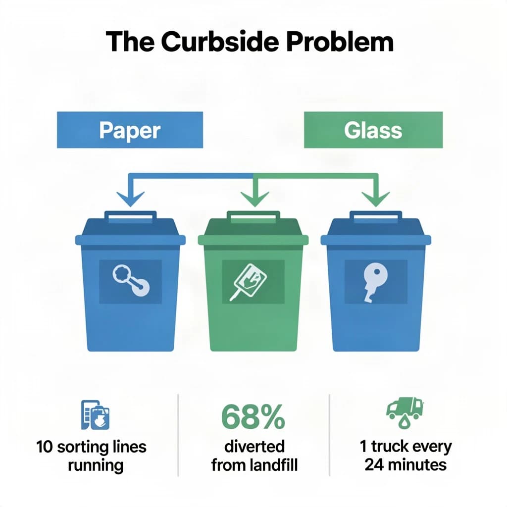 Flat vector illustration titled "The Curbside Problem". Three sorting bins with arrows to their destinations sits at the center, carrying two keyed regions, "Paper" shaded blue and "Glass" shaded green. Three stat chips run down a bottom row, reading "10 sorting lines running", "68% diverted from landfill" and "1 truck every 24 minutes". Each key color matches the shading of the region it names.