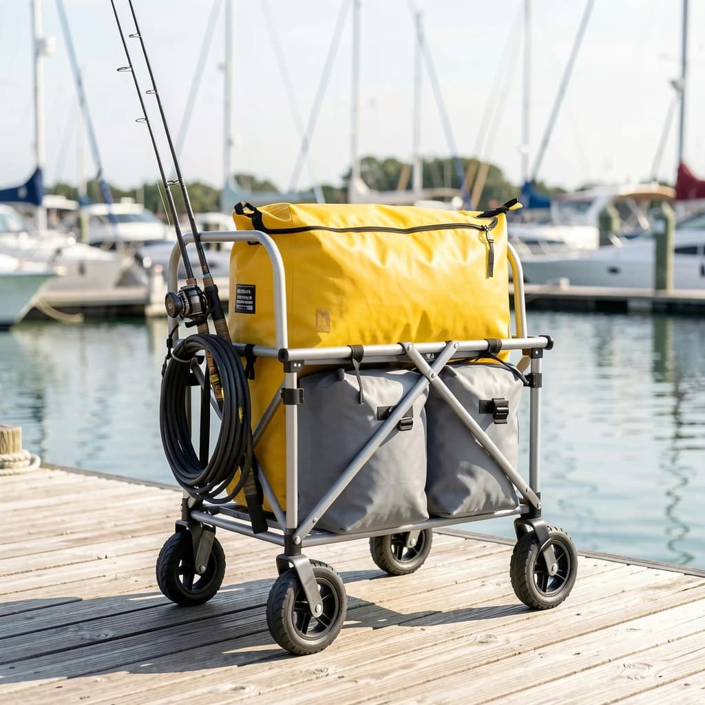 Lifestyle listing photo on a marina dock: a folding dock cart holding three dry bags, the largest yellow and the two smaller ones grey, two fishing rods leaning against the handle, and one coiled dock line hanging from the front rail. Masts blurred behind.