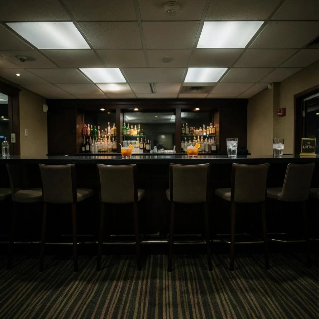 Liminal space photograph of a hotel bar at four in the morning, humming fluorescent ceiling panels, patterned carpet running off frame, nobody in sight. Eleven identical barstools stand in one unbroken row along the counter, only the fifth pulled out and turned. Three finished old fashioneds sit spaced along the bar, each down to melted ice and a single orange peel, and a fourth glass, freshly poured and still clear, waits at the far end beside a small brass sign reading "THE LATE ROOM".