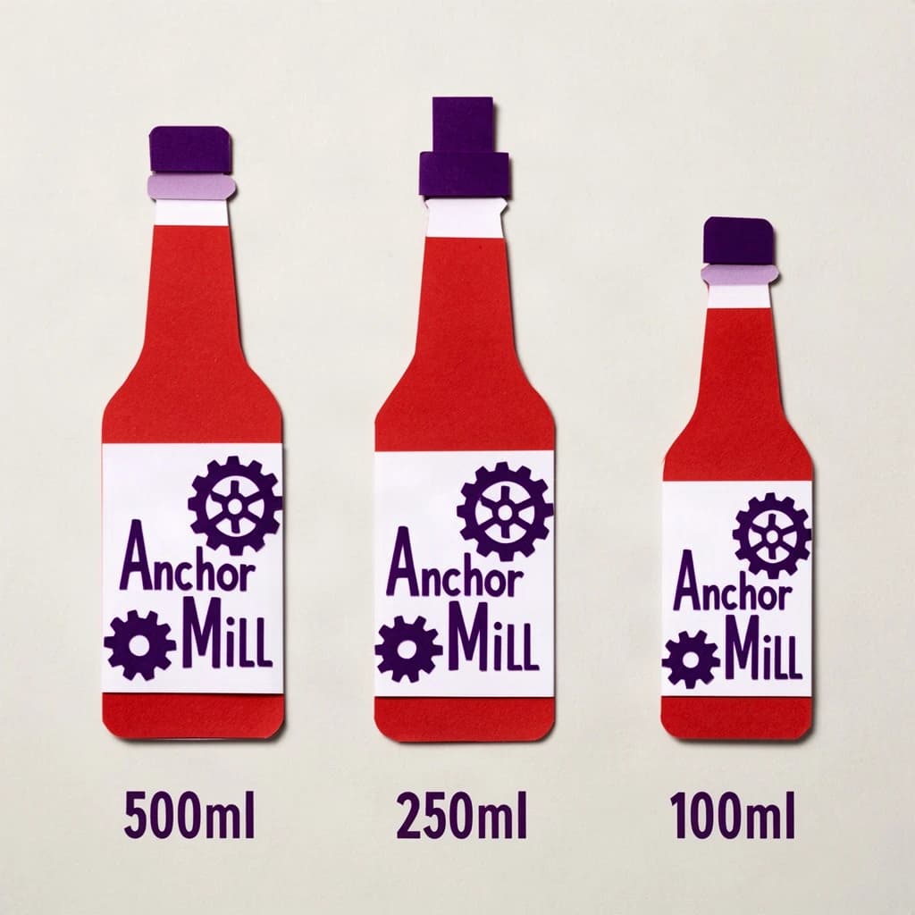 Cut-paper collage of the same hot-sauce bottle drawn in three sizes, captioned "500ml", "250ml" and "100ml", every size carrying the wordmark "Anchor & Mill" with a six-tooth gear mark beside it in the same purple-and-white coloring, only the bottle size changing.