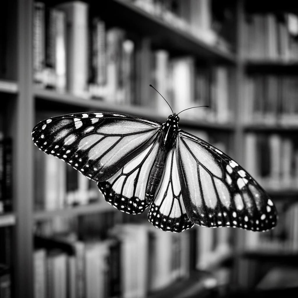 24mm f/2.8 full-length framing of a monarch butterfly in a quiet library, side-lit, natural lens compression, high-contrast black-and-white look