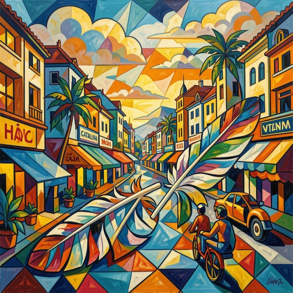 Flight Feather and Catalufa in Hanoi, Vietnam in the style of cubist