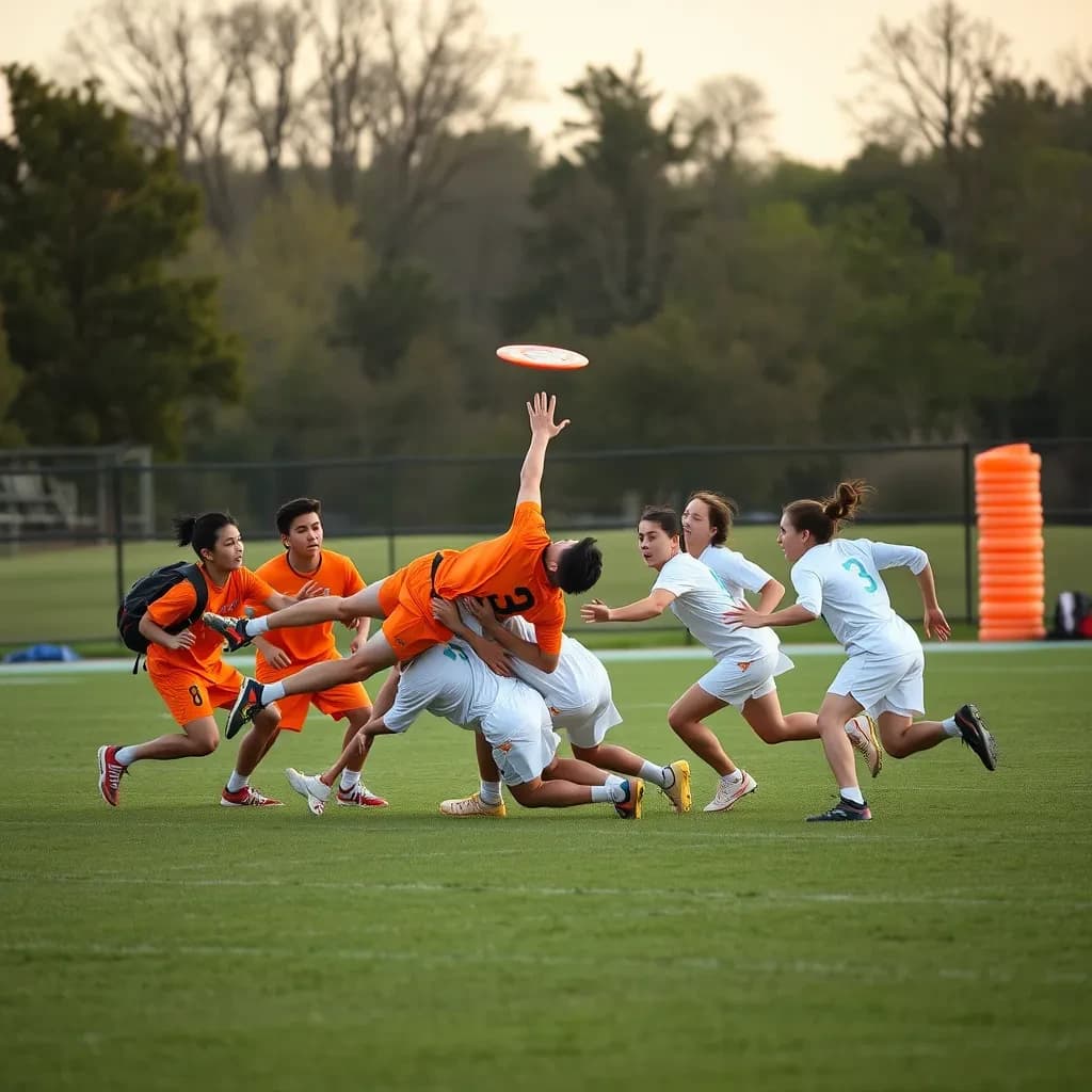 Sports photography, long lens, late afternoon on a college field. Seven players in frame: four in orange jerseys, three in white. The disc hangs just above the tallest orange player, who is fully horizontal in a layout dive; two of the white players crash into each other under it while the third white player runs the other way. Behind them on the sideline sit five backpacks in a line and a stack of four orange cones. Low golden sun, grass spray, shallow depth.