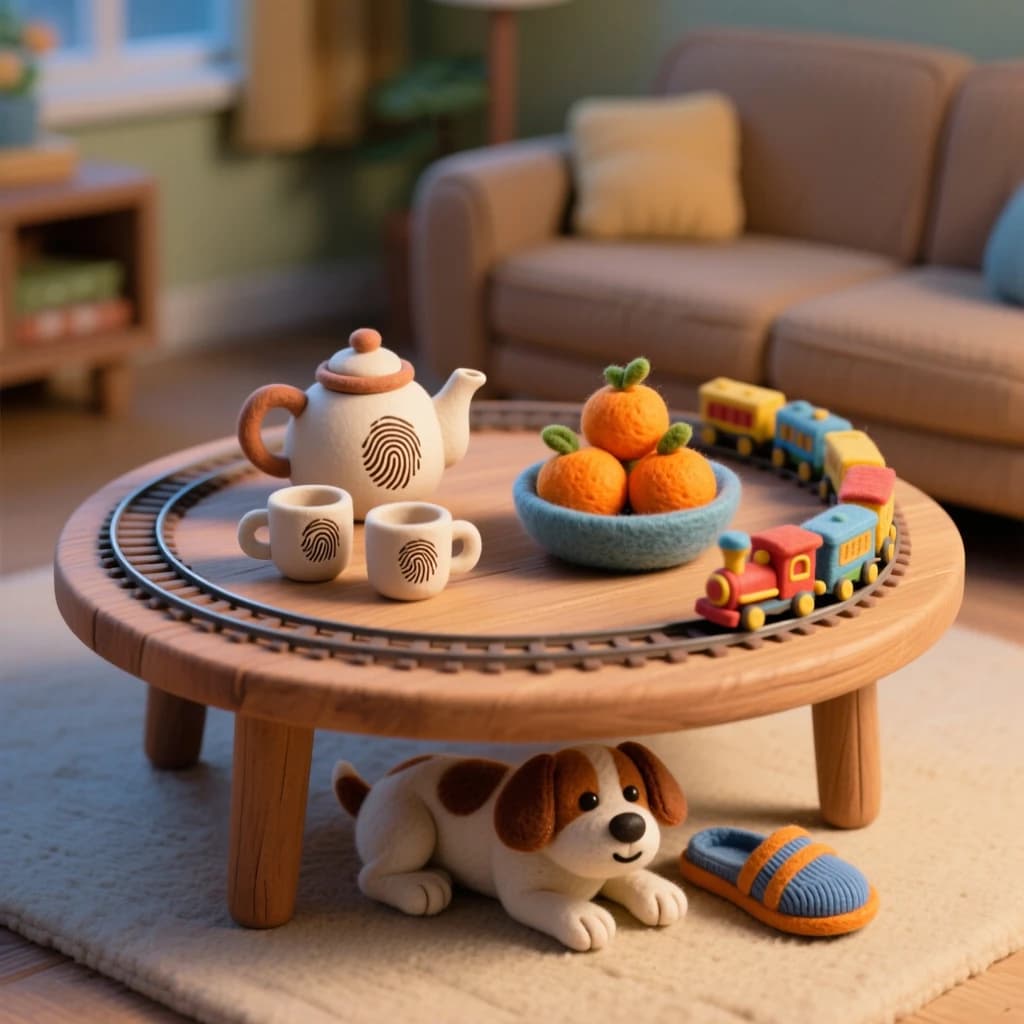 Stop-motion set built from felt and clay, fingerprints visible in the clay, shallow tabletop lighting. A round wooden coffee table in a family living room seen from a low child's-eye angle. On it: a teapot with three cups, two of them upside down, a bowl holding four felt oranges, and a toy train circling the whole arrangement on a loop of track. Underneath the table a small dog lies with a slipper between its paws, and a single sock sits beside the table's near leg.