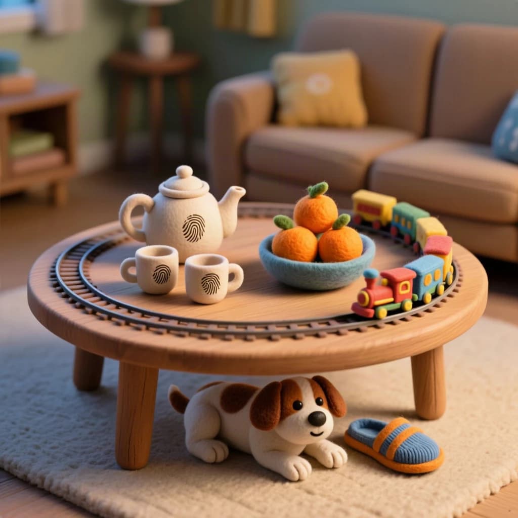 Stop-motion set built from felt and clay, fingerprints visible in the clay, shallow tabletop lighting. A round wooden coffee table in a family living room seen from a low child's-eye angle. On it: a teapot with three cups, two of them upside down, a bowl holding four felt oranges, and a toy train circling the whole arrangement on a loop of track. Underneath the table a small dog lies with a slipper between its paws, and a single sock sits beside the table's near leg.