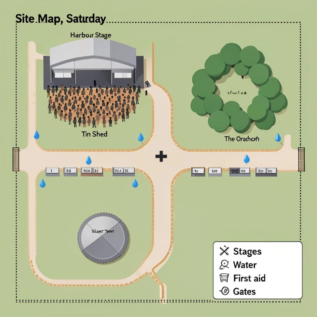 Festival site map in flat editorial infographic style, bird's eye, flat colour blocks on a sage green field inside a dotted perimeter fence.
Four stages: the main "Harbour Stage" along the north edge with a wide crowd shape in front of it, "Tin Shed" on the east, "The Orchard" on the west inside a cluster of round tree canopies, and a small circular "Silent Tent" at the south west corner with no crowd shape around it.
Two food streets run east to west between the stages, the northern one with nine numbered stalls and the southern one with six. Three water points marked by blue droplets sit one beside each of the first three stages. A single first aid cross sits where the two food streets meet the central path.
A gravel path loops the whole site as a dashed ochre line, with entrance gates on the south and east sides only.
A legend box in the lower right lists "Stages", "Food", "Water", "First aid" and "Gates", each with its own symbol. Title at the top left reads "Site Map, Saturday".