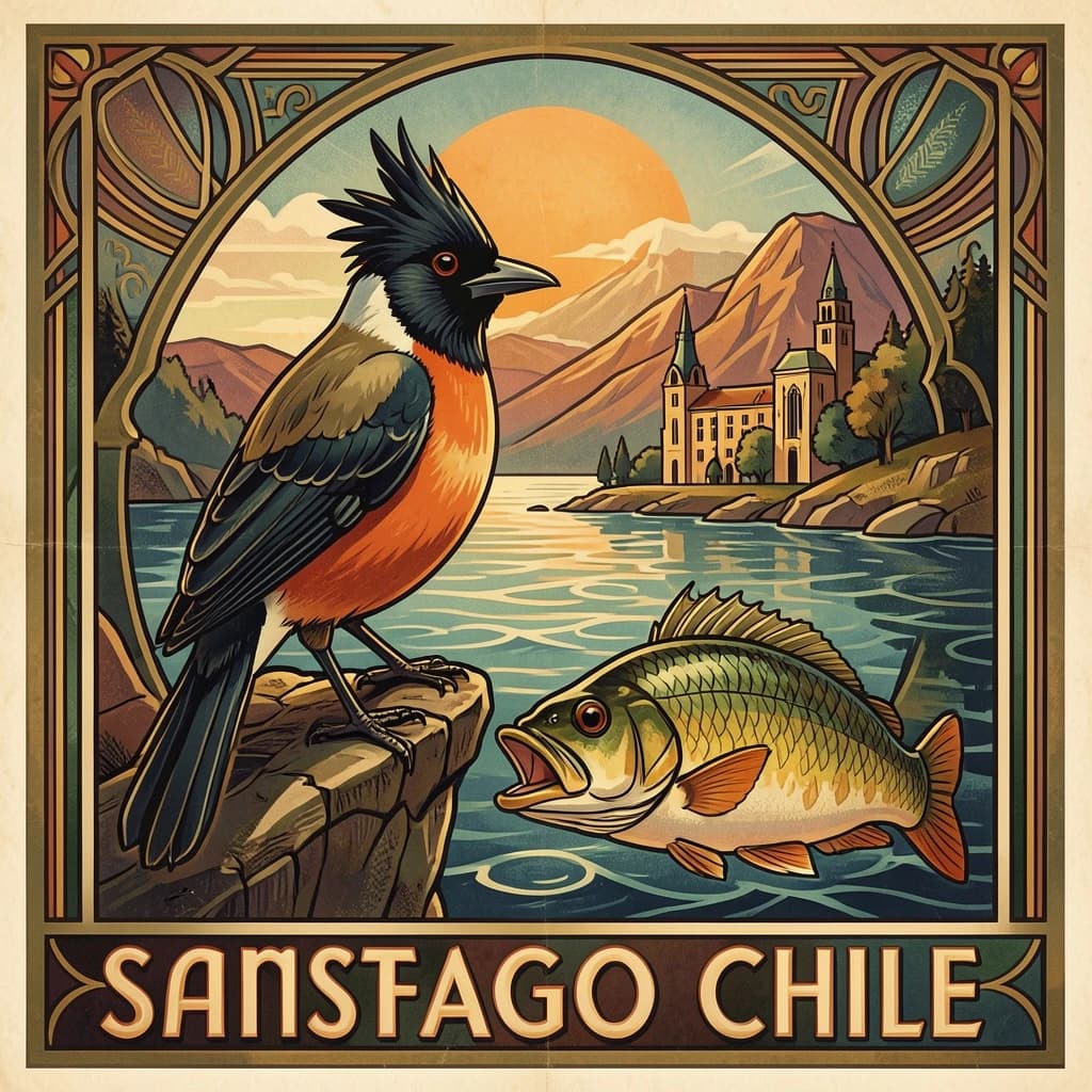Crested Myna and Gudgeon in Santiago, Chile in the style of art deco