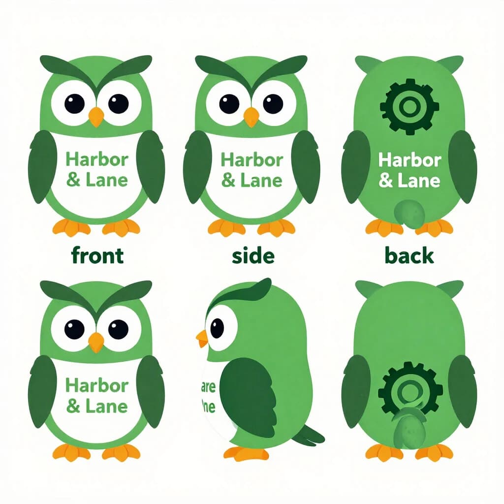 Printed poster: one bookstore owl mascot in three views. The views are captioned "front", "side" and "back" in that order. The wordmark "Harbor & Lane" appears on every view with a six-tooth gear mark beside it. The green-and-white coloring is the same across every view, and only the angle changes.