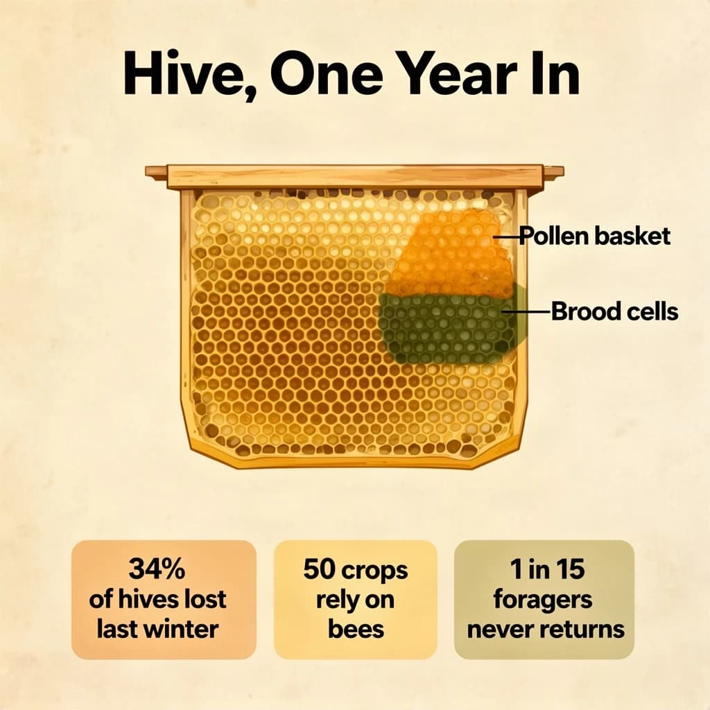 Printed poster titled "Hive, One Year In": at the center a cutaway of a hive frame, carrying two keyed regions, "Pollen basket" shaded amber and "Brood cells" shaded olive, beside a bottom row of three stat chips reading "34% of hives lost last winter", "50 crops rely on bees" and "1 in 15 foragers never returns".