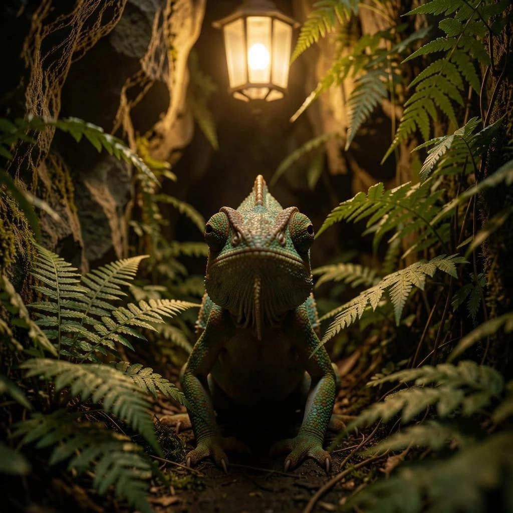 A chameleon half in shadow in a fern-filled ravine, under warm lamplight, symmetrical head-on framing, soft-focus portrait photography style.