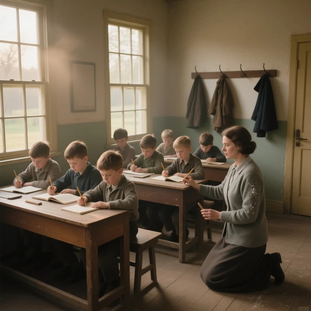 Documentary photograph inside a 1961 rural schoolhouse, late afternoon sun through tall windows. Twelve pupils at six shared wooden desks, two to a desk: the four in the window row copy from slates, the four in the middle row have open exercise books, the four along the back wall are turned around watching. The teacher, a woman in a grey cardigan with chalk dust on her sleeve, kneels beside the desk nearest the door, one hand steadying a boy's pencil. Four wall hooks behind her hold three coats, the middle hook bare. Warm dust in the light, fine grain, nobody posing.