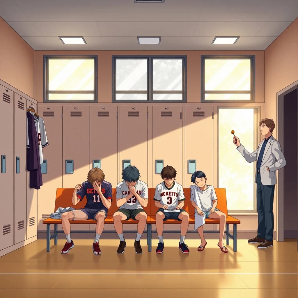 Modern anime interior for a high school volleyball series, wide view down a team locker room after practice. Eight lockers along the back wall in two banks of four, the three on the far left hanging open with jerseys spilling out and the rest shut. Four players occupy the foreground bench: the setter re-taping two fingers, the libero pulling on a knee sleeve, the captain reading a clipboard, and a first year asleep sitting upright with a towel over his face. A coach stands in the right doorway holding a whistle, half in shadow. Warm late-sun bars fall through high frosted windows, cel shading, clean bold linework.
