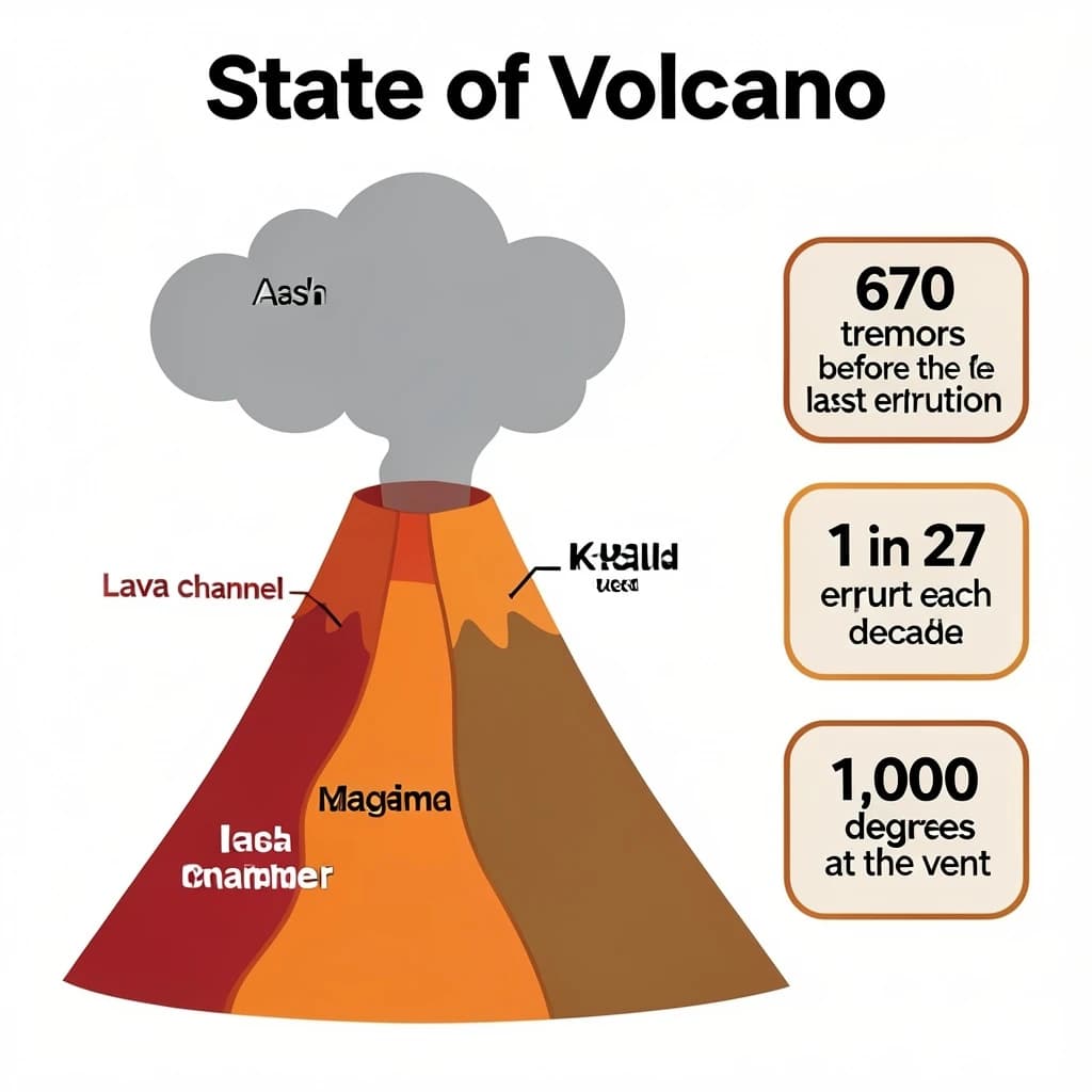 Flat vector illustration titled "State of Volcano": at the center a cutaway cone, carrying three keyed regions, "Lava channel" shaded red, "Ash cloud" shaded gray and "Magma chamber" shaded orange, beside a right column of three stat chips reading "670 tremors before the last eruption", "1 in 27 erupt each decade" and "1,000 degrees at the vent".
