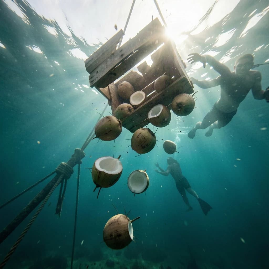 Underwater photography, film still from a castaway feature, shot from six metres down looking up toward the surface. A wooden crate has burst mid-sink: nine coconuts drift out of it, five still husked and pale brown, four split open and white, the split ones sinking faster than the whole ones. The crate hangs above them, lid half torn away, roped to a sunken mast that runs out of frame to the lower left. A swimmer silhouetted against the bright surface reaches down toward the nearest whole coconut, one fin missing. Blue green water column, sunbeams, drifting particles, natural light only.