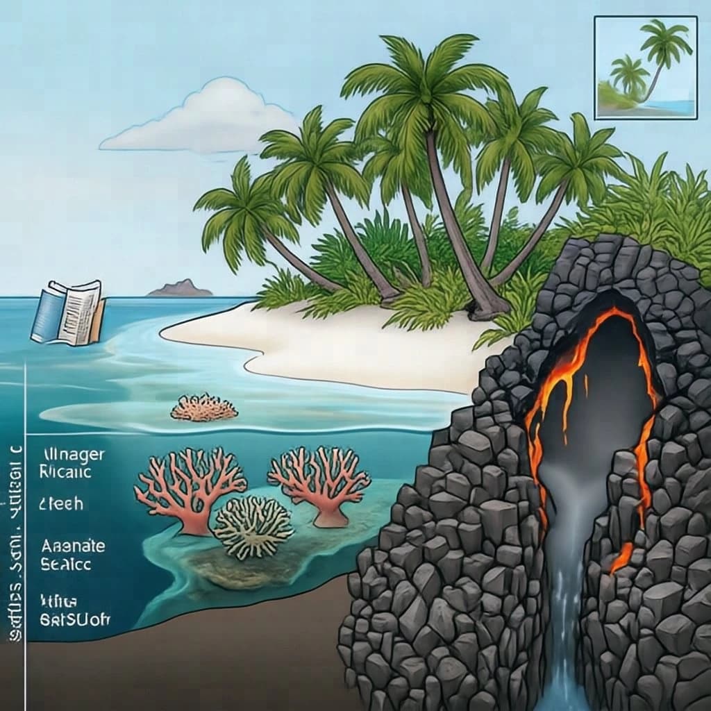 Cross section of a volcanic tropical island as a flat academic figure with clean colour blocks and a horizontal sea level line. Reading from the ocean on the left toward the right: a fringing reef crest, a shallow lagoon holding three coral heads, a white sand beach, a coconut palm belt of five trees, then a rising basalt cone with two lava layers picked out in darker grey, and a freshwater lens drawn as a pale blue dome under the middle of the island. Below sea level the flanks drop in three stepped terraces to a flat deep floor. Eight leader line labels, a depth scale down the left edge, and a small locator inset in the top right.