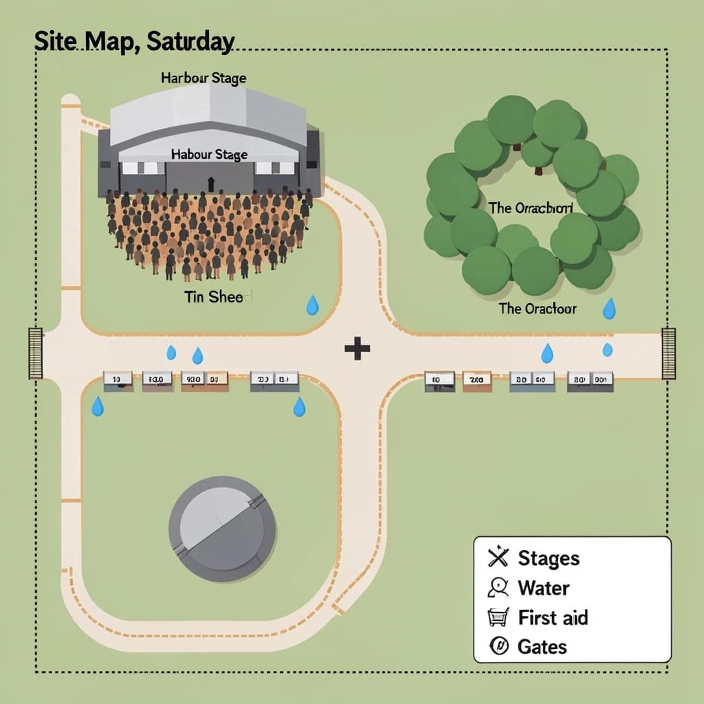Festival site map in flat editorial infographic style, bird's eye, flat colour blocks on a sage green field inside a dotted perimeter fence.
Four stages: the main "Harbour Stage" along the north edge with a wide crowd shape in front of it, "Tin Shed" on the east, "The Orchard" on the west inside a cluster of round tree canopies, and a small circular "Silent Tent" at the south west corner with no crowd shape around it.
Two food streets run east to west between the stages, the northern one with nine numbered stalls and the southern one with six. Three water points marked by blue droplets sit one beside each of the first three stages. A single first aid cross sits where the two food streets meet the central path.
A gravel path loops the whole site as a dashed ochre line, with entrance gates on the south and east sides only.
A legend box in the lower right lists "Stages", "Food", "Water", "First aid" and "Gates", each with its own symbol. Title at the top left reads "Site Map, Saturday".