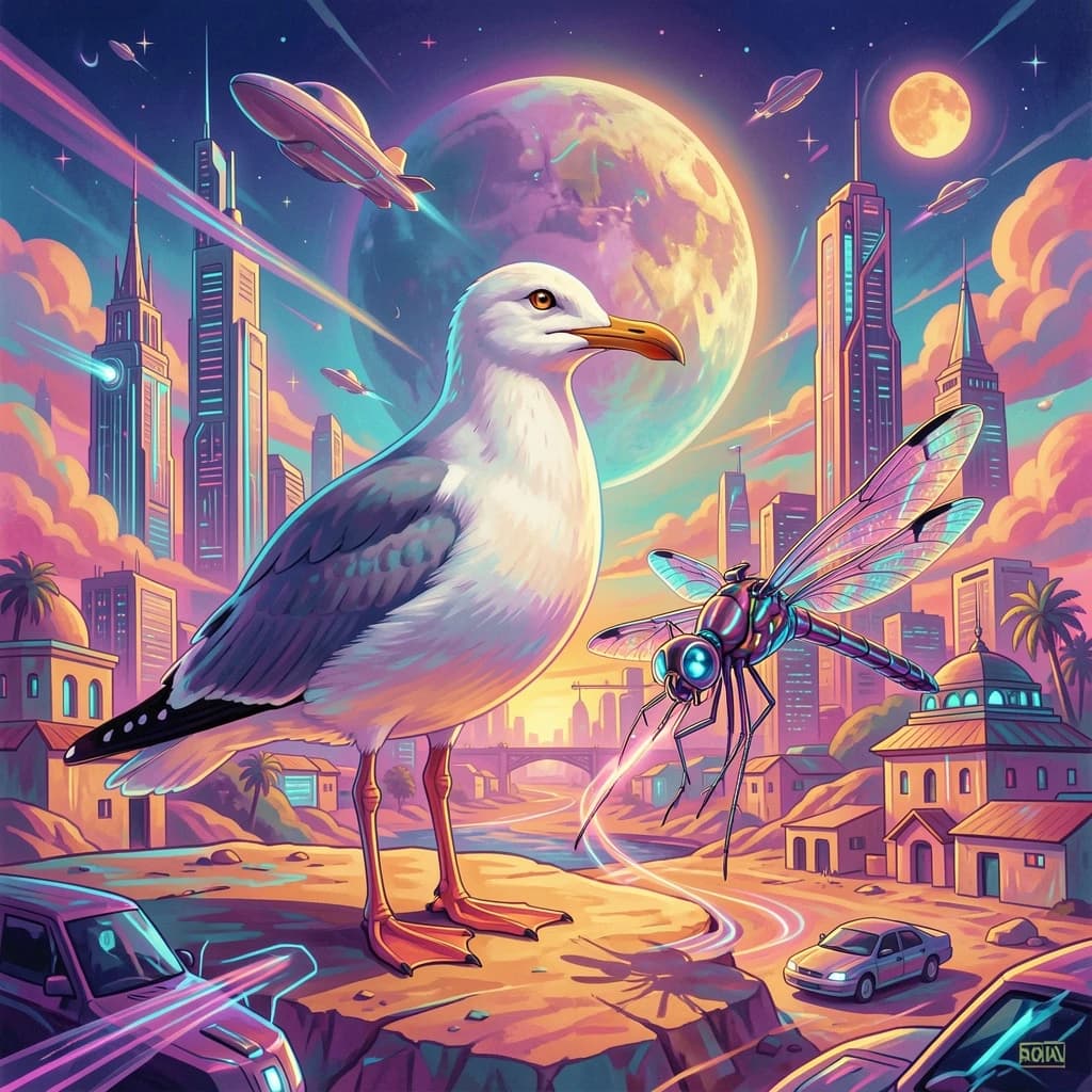 Seagull and Odonate in Khartoum, Sudan in the style of futurism