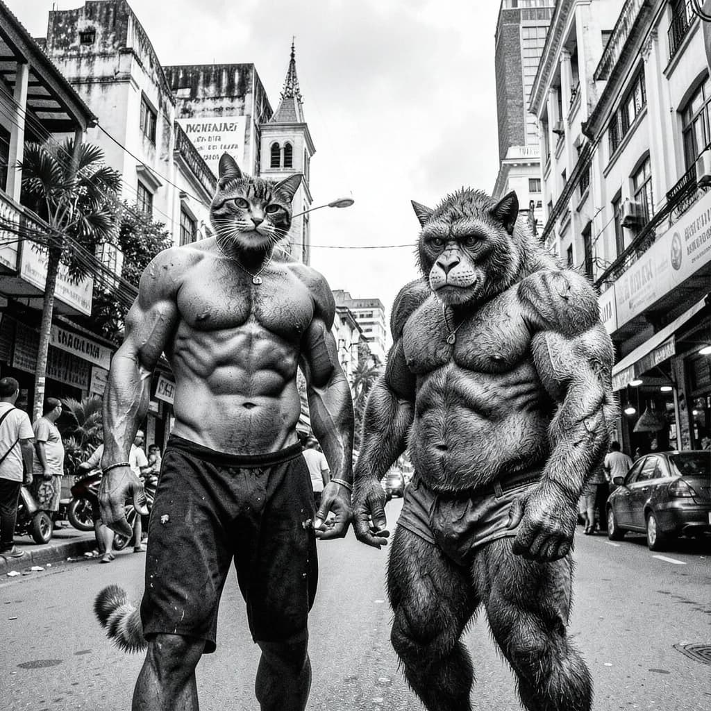 Channel Cat and Megathere in Manila, Philippines in the style of black and white
