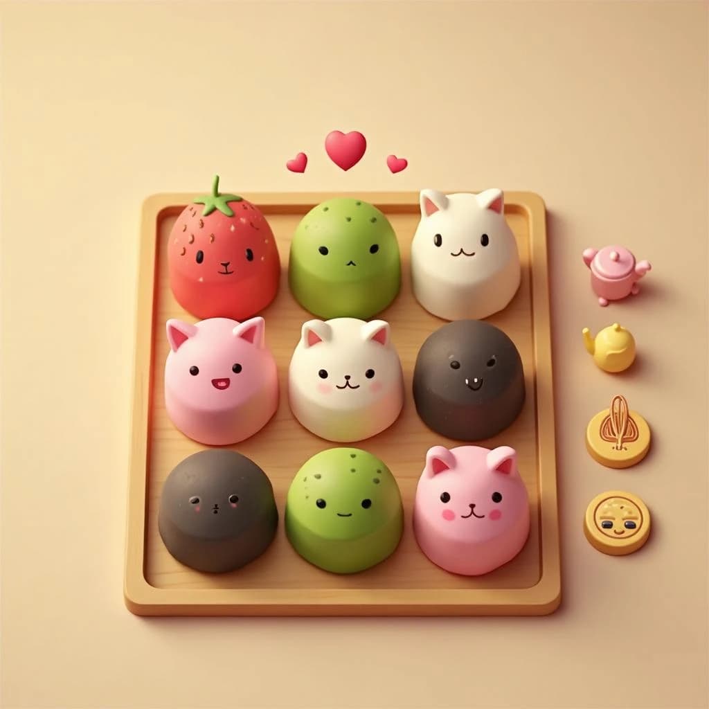 Match three board for a cozy sweets game, cute stylized 3D animation look. Nine mochi in a three by three grid on a bamboo tray: the top row strawberry pink, the middle row matcha green, the bottom row black sesame grey. The center green one has a bite taken out and a small heart icon floating above it. Two of the pink mochi wear tiny cat ears. To the right of the tray, a vertical strip of three power up icons, a whisk, a teapot and a fan. Soft pastel lighting, glossy dusted surfaces.