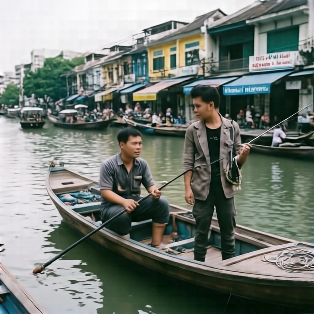 Fishing Licence and Punkie in Hanoi, Vietnam in the style of minimalist