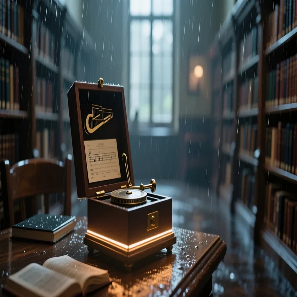 The quiet second when a music box takes on a thin rim of warm light, in a quiet library, in light rain.