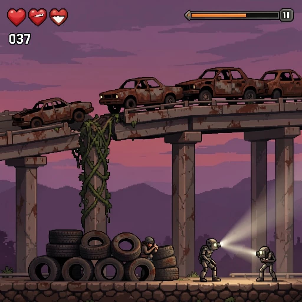 Side-scrolling pixel art screenshot from a post-apocalyptic survival platformer, dusk palette of rust and violet. A collapsed highway overpass cuts diagonally across the frame on four concrete support pillars, the second from the left snapped in half and wrapped in vines. On the deck above sit three burnt-out cars nose to tail, only the middle one still upright. Below, the player crouches behind a barricade of five stacked tires while two scavenger drones sweep flashlight cones in from the right. Top-left interface: three heart icons with the last half empty, a scrap counter reading "037", and a thin compass strip.