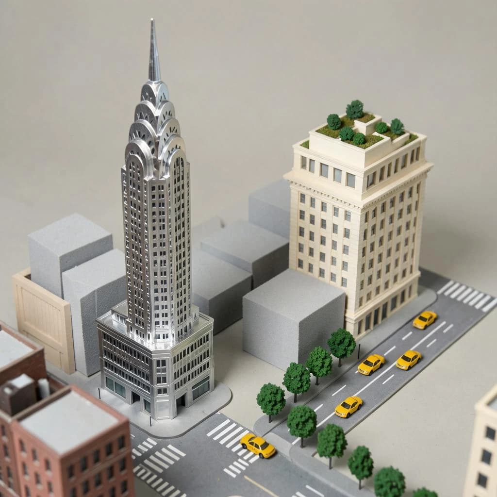 Tilt shift photograph of a hand built architectural scale model of a Midtown Manhattan block, studio lit from the upper left.
The Chrysler Building stands on the corner in polished silver card with its stepped crown and triangular windows. Directly across the street sits a proposed cream limestone tower, two floors shorter, topped by a stepped roof garden. Between them four smaller grey massing blocks in plain foam. Six tiny yellow cabs on the avenue, three stopped at the crossing and three queued behind, with a line of green model trees down the median.
