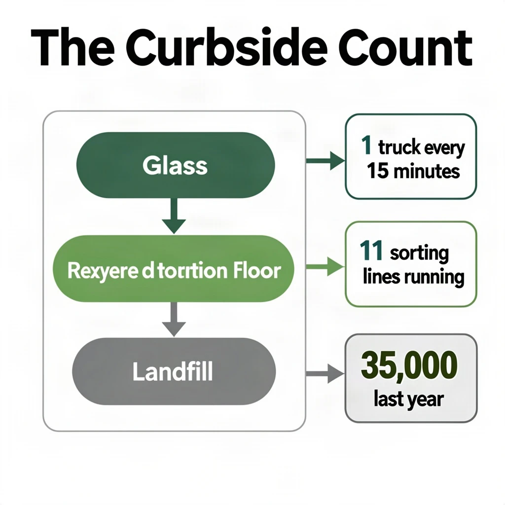 Printed poster titled "The Curbside Count": at the center a flow chart from curb to sorting floor, carrying two keyed regions, "Glass" shaded green and "Landfill" shaded gray, beside a right column of three stat chips reading "1 truck every 15 minutes", "11 sorting lines running" and "35,000 tons collected last year".
