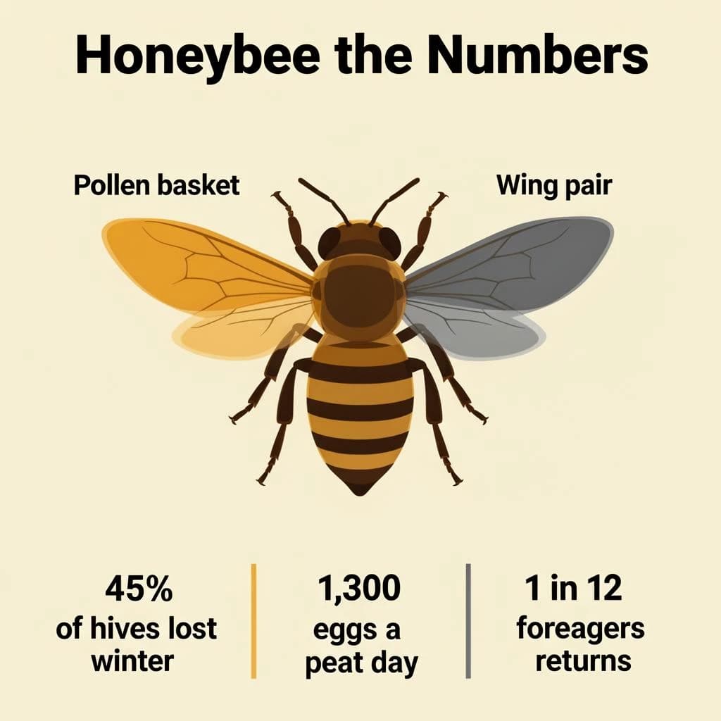 Flat vector illustration titled "Honeybee by the Numbers". A labeled bee diagram sits at the center, carrying two keyed regions, "Pollen basket" shaded amber and "Wing pair" shaded slate. Three stat chips run down a bottom row, reading "45% of hives lost last winter", "1,300 eggs a day at peak" and "1 in 12 foragers never returns". Each key color matches the shading of the region it names.