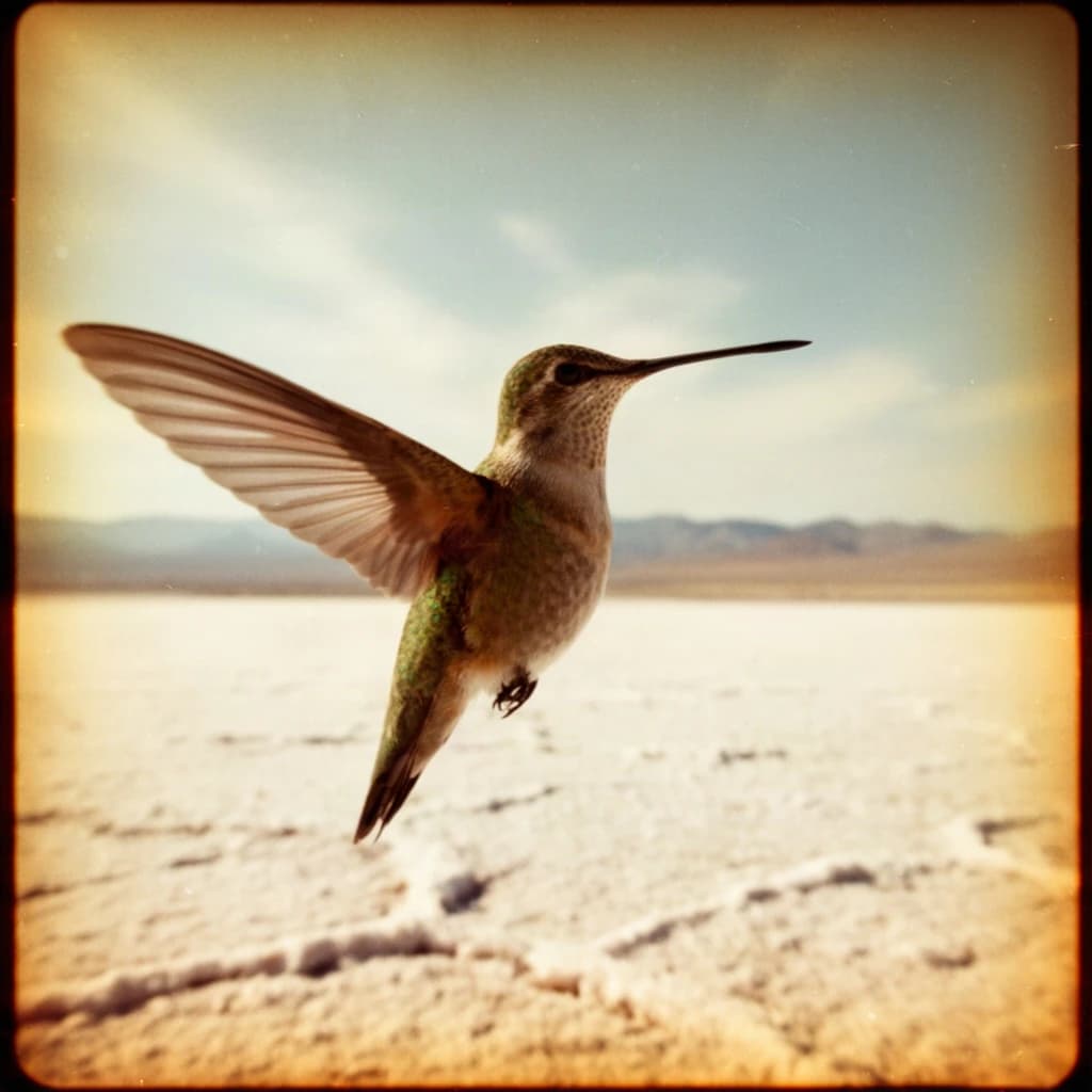85mm f/8 portrait of a hummingbird across a salt flat, lit through a north-facing window, deep focus, warm color negative look