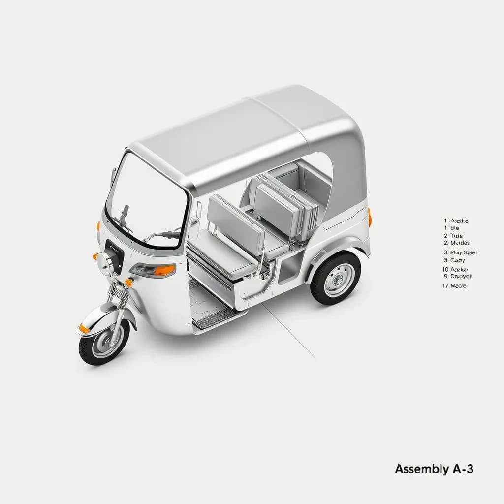 Exploded axonometric of an electric tuk-tuk, every part rendered in polished liquid chrome against a flat pale grey background, parts floating apart along thin leader lines. One front wheel below the fork, two rear wheels off the axle, two battery modules sliding out from under the bench seat with the left module taller than the right, four grab handles above the roof frame, one canopy panel on top. Numbered callouts one through seven with a parts list down the right edge and a title block reading "Assembly A-3".