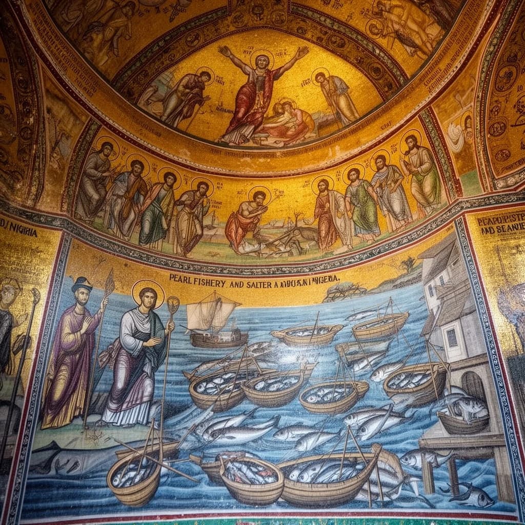 Pearl Fishery and Salter in Abuja, Nigeria in the style of byzantine
