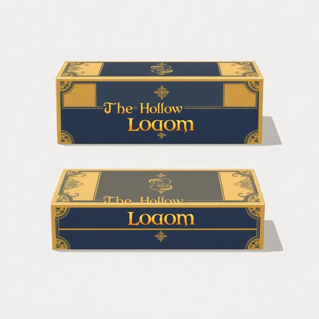 Flat vector illustration of the same board-game box drawn in three views, captioned "front", "side" and "top", every view carrying the wordmark "The Hollow Loom" in the same navy-and-gold coloring, only the angle changing.