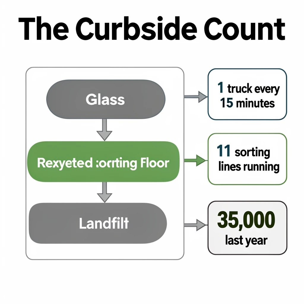Printed poster titled "The Curbside Count": at the center a flow chart from curb to sorting floor, carrying two keyed regions, "Glass" shaded green and "Landfill" shaded gray, beside a right column of three stat chips reading "1 truck every 15 minutes", "11 sorting lines running" and "35,000 tons collected last year".