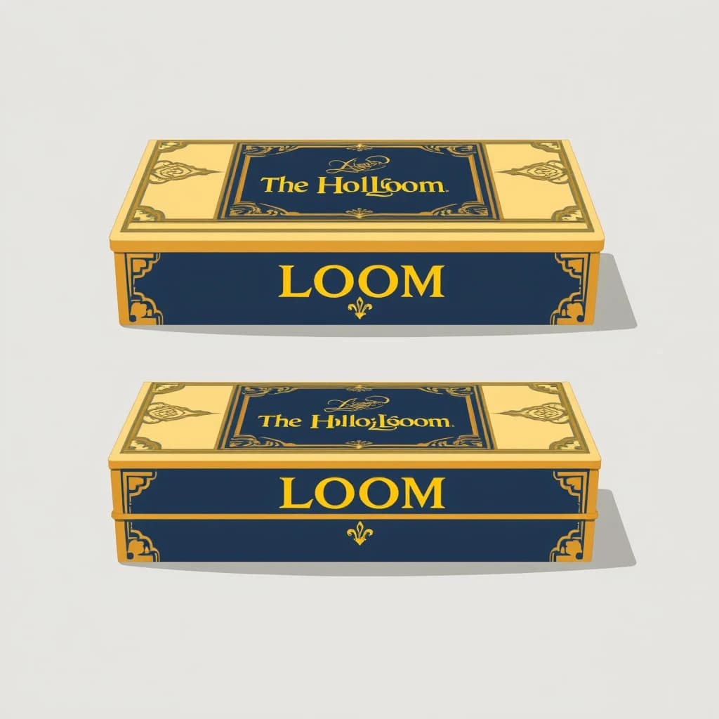 Flat vector illustration of the same board-game box drawn in three views, captioned "front", "side" and "top", every view carrying the wordmark "The Hollow Loom" in the same navy-and-gold coloring, only the angle changing.