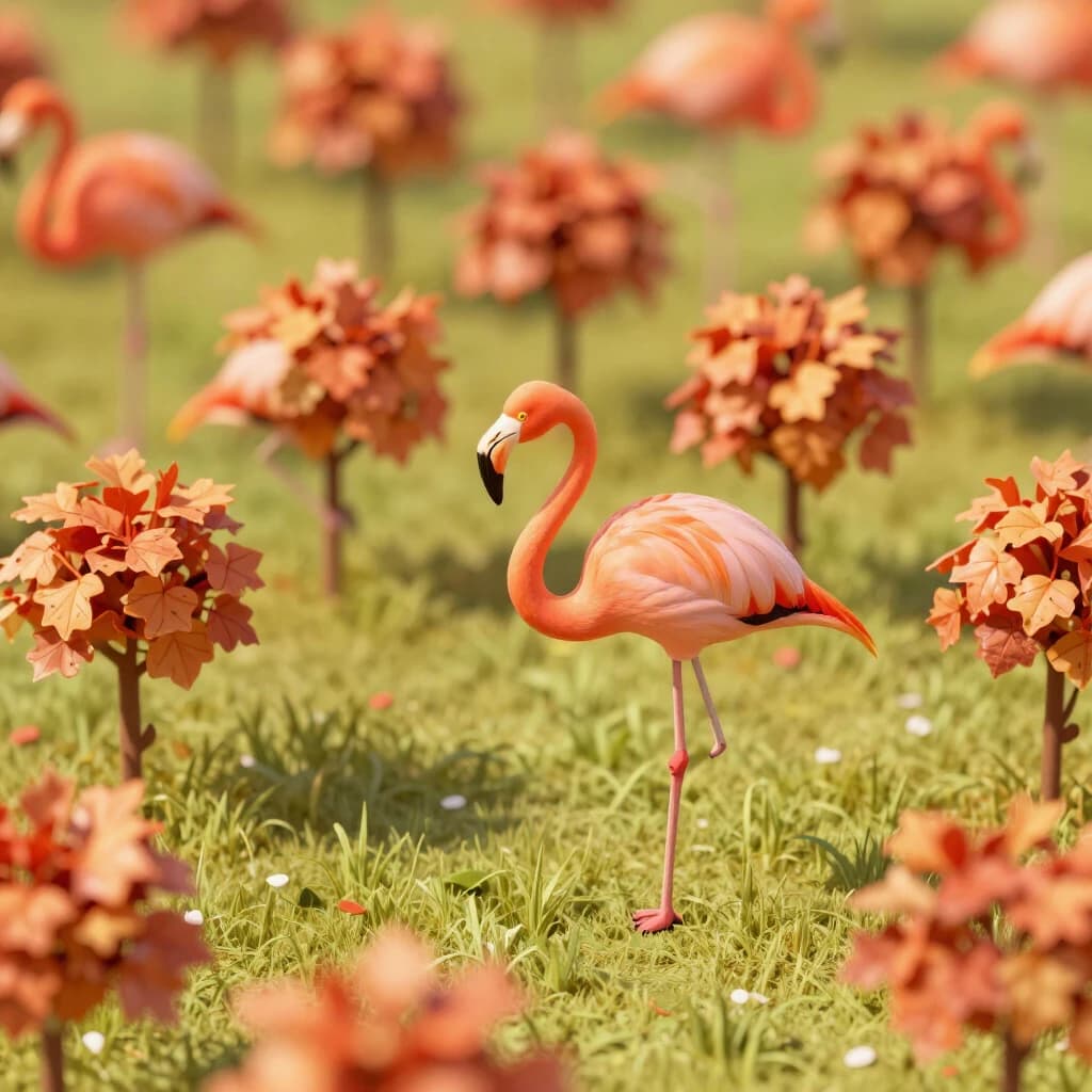 flamingo, autumn orchard, bright midday sun, telephoto compression, isometric 3D, subtle texture